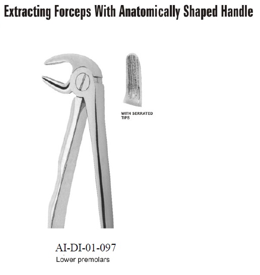 Extracting forceps lower premolars with serrated tips anatomically shaped handle